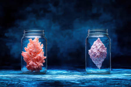 Colorful mineral crystals in glass jarsの素材