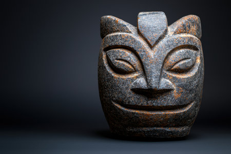 Carved stone idol with intricate facial featuresの素材