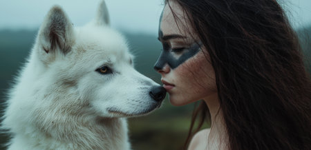 woman and white wolf in natureの素材