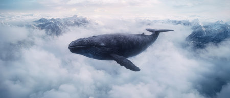 Majestic whale swimming through the cloudsの素材