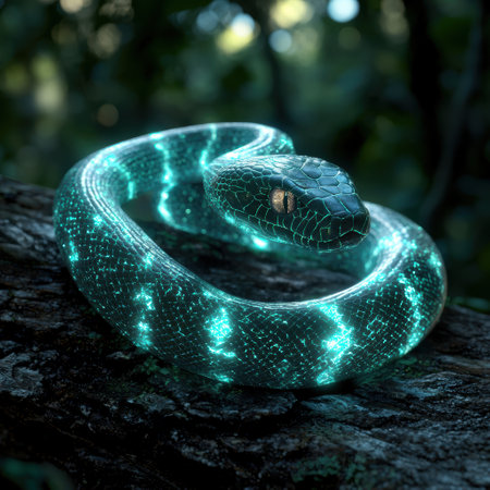 Glowing green snake coiled on tree branchの素材