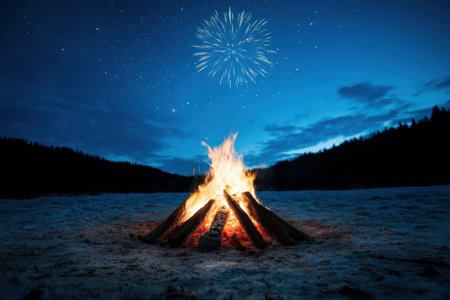 Fireworks display over a campfire on a lakeside at nightの素材