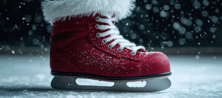 Sparkling red ice skate in winter snowの素材