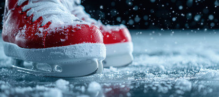 Icy winter sports equipment on snowy groundの素材