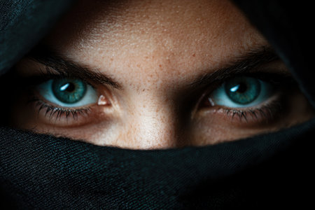 Mysterious eyes peering out from behind dark fabricの素材