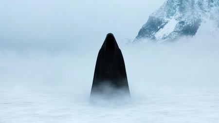 Mysterious figure in black cloak in snowy landscapeの素材