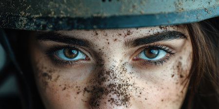 Closeup of person's face with freckles and blue eyesの素材