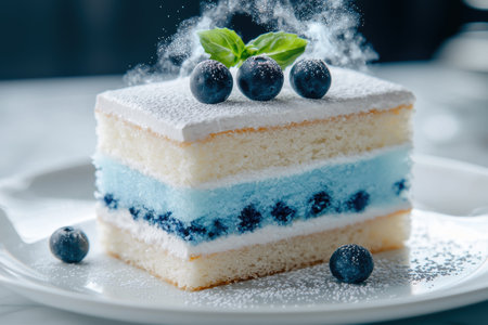 Delicious layered dessert with fresh blueberries and mintの素材
