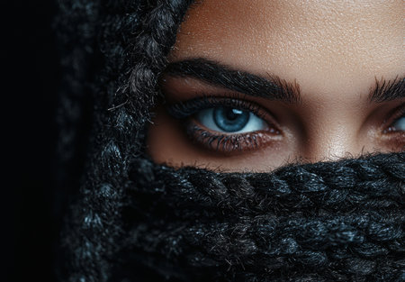 Mysterious blue eyes peering through dark fabricの素材