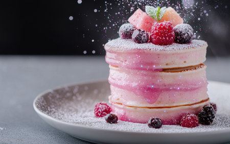 Delicious layered cake with fresh berries and powdered sugarの素材