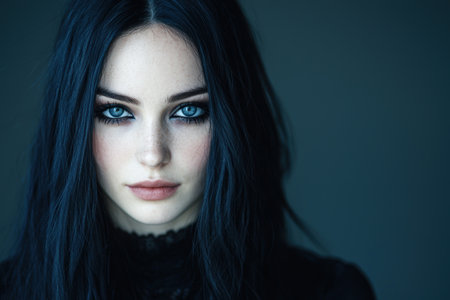 Mysterious woman with dark hair and piercing blue eyesの素材