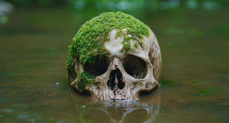 Moss-covered skull in waterの素材