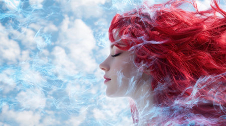 Vibrant red hair in the windの素材