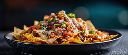 Delicious nachos with melted cheese, salsa, and toppingsの素材