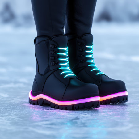 Futuristic Illuminated Boots on Icy Surfaceの素材