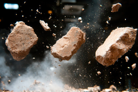 Exploding rock fragments in dark environmentの素材