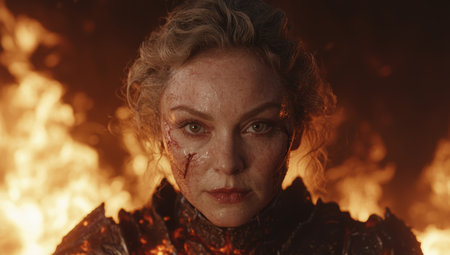 Intense woman with facial scars in fiery backgroundの素材