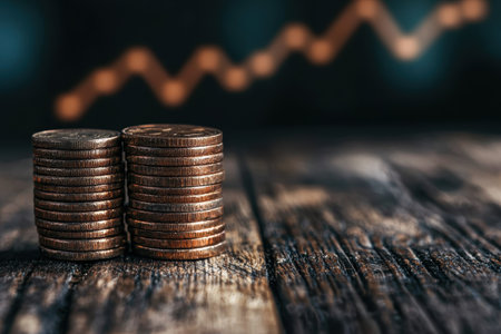 Stacked coins on wooden tableの素材
