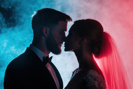 romantic couple in silhouette with colorful smokeの素材