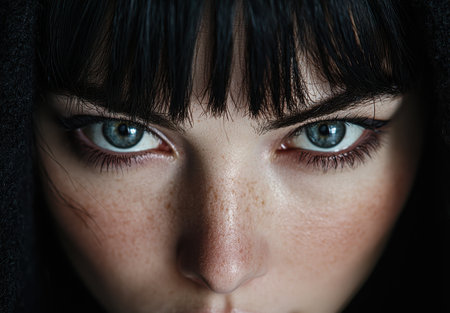 Intense gaze of a young person with dark hairの素材