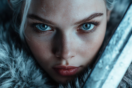 Intense blue eyes of a young woman in winter clothingの素材