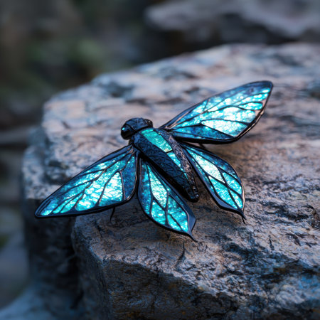 Vibrant dragonfly perched on a rockの素材