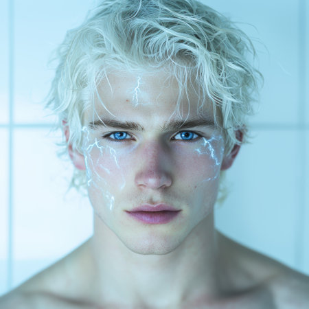 Striking portrait of a young man with intense blue eyes and lightning-like effectsの素材