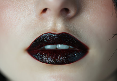 close-up of glossy dark lipsの素材