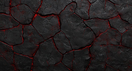 Cracked black stone surface with red glowing veinsの素材