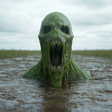 Mysterious green creature emerging from the waterの素材