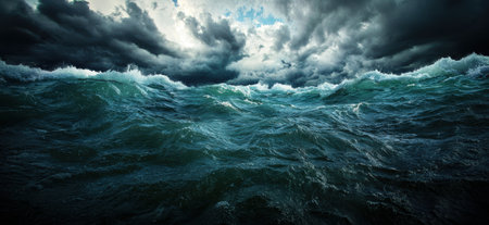 Stormy ocean waves crashing under dark cloudsの素材