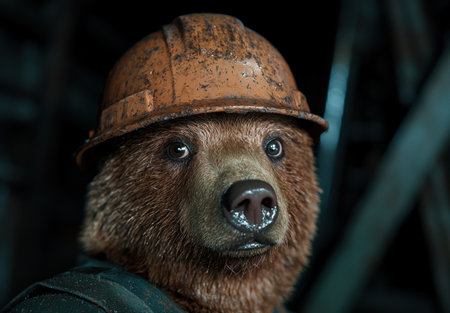 Rugged bear wearing hardhat in the wildernessの素材