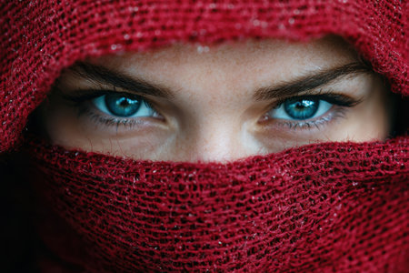 Mysterious eyes peering through a red scarfの素材