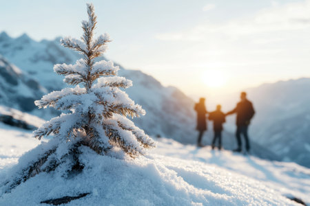 Snowy pine tree with hikers in the backgroundの素材