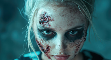 Damaged and wounded woman with blood and bruises on her faceの素材