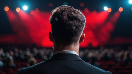 man in suit on stage with red lightsの素材