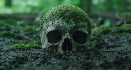 Moss-covered skull in the forestの素材