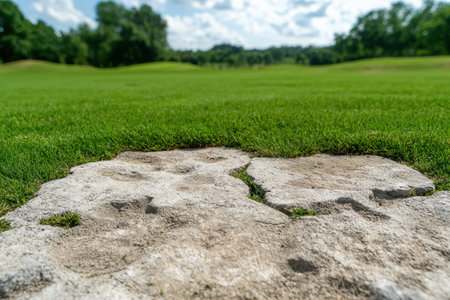 Scenic golf course landscape with green grass and stone pathの素材