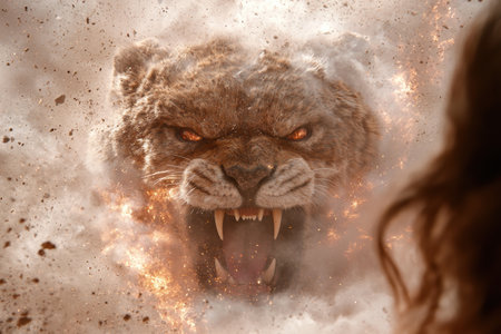 Fierce roaring bear in fiery explosionの素材