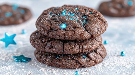 Glistening chocolate cookies with blue sprinklesの素材