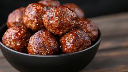 Delicious homemade meatballs in a dark bowlの素材
