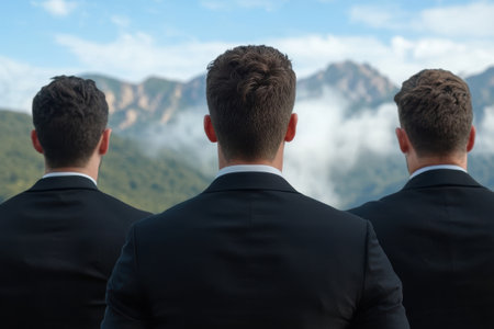 Businessmen gazing at mountain landscapeの素材