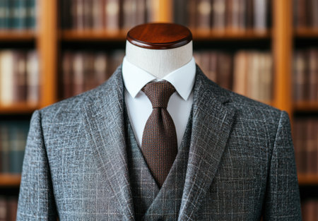 Formal business attire with grey suit jacket, white shirt, and brown tieの素材