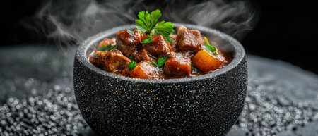 Savory beef stew with vegetables in a black ceramic bowlの素材