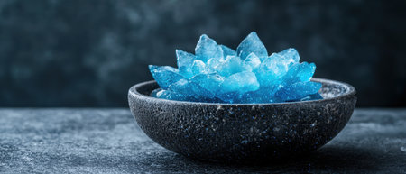 Sparkling blue crystal cluster in dark bowlの素材