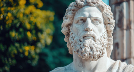 Statue of a bearded man with curly hair in a gardenの素材