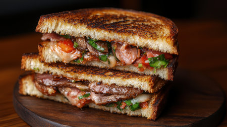 Delicious grilled cheese sandwich with meat and vegetablesの素材