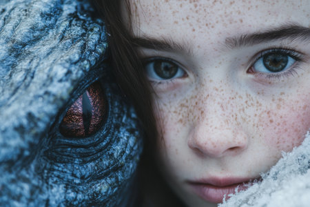Closeup of a person's face with icy blue eyes and frecklesの素材