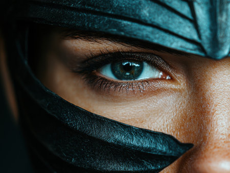 Mysterious blue eye peeking through dark fabricの素材