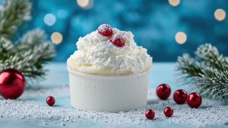 festive winter dessert with whipped cream and cranberriesの素材